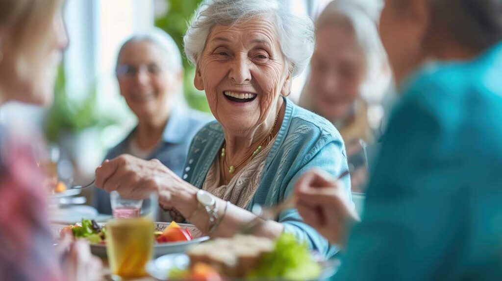 Older adult and family member reviewing a monthly care budget at a kitchen table.
